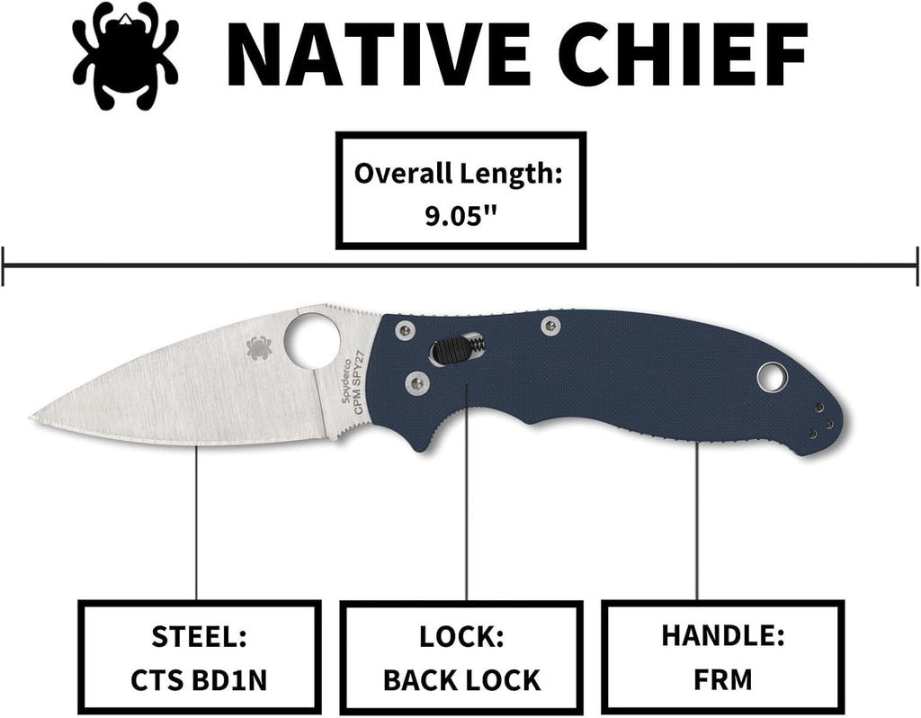 Spyderco Native Chief Lightweight Folding Pocket Knife with 4' CPM SPY27 Steel Blade and FRN Handle - EDC Knife for Men and Women, Perfect for Hunting, Tactical, Camping - PlainEdge - C244PCBL