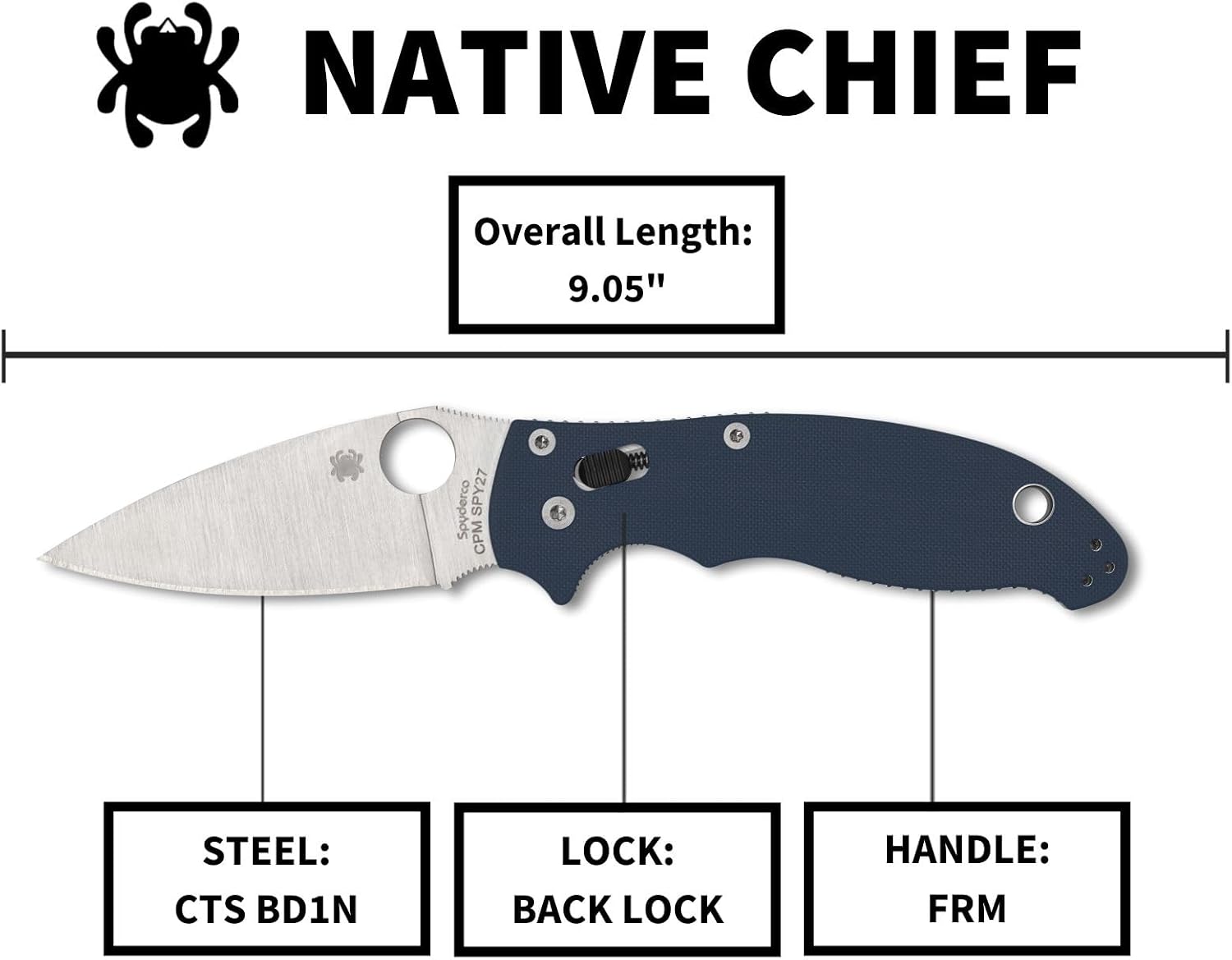 Spyderco Native Chief Lightweight Folding Pocket Knife with 4' CPM SPY27 Steel Blade and FRN Handle - EDC Knife for Men and Women, Perfect for Hunting, Tactical, Camping - PlainEdge - C244PCBL