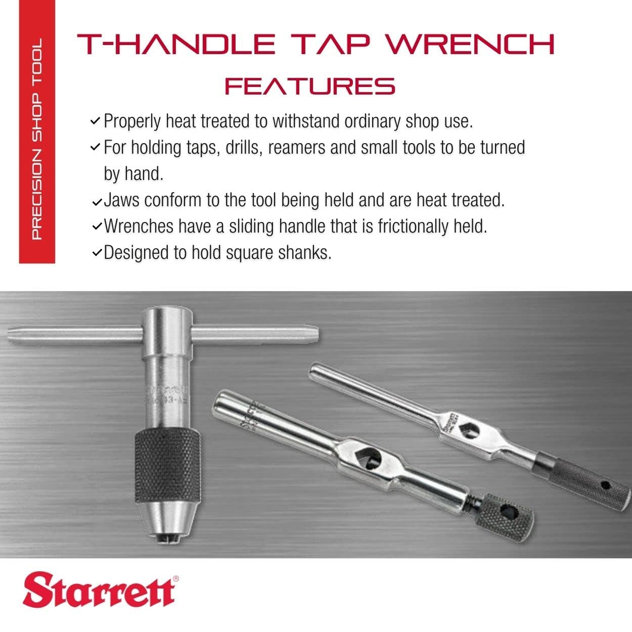 Starrett T-Handle Tap Wrench - Ideal for Holding Taps, Drills, Reamers and Small Tools - 1/4-1/2' Capacity Tap Size, 13' Body Length, 3/16-5/16' Square Shank - 93F