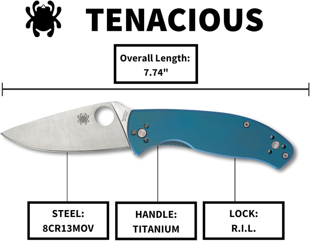 Spyderco Tenacious Folding Pocket Knife, PlainEdge | 7.74' Overall Length, 3.3' 8Cr13MoV Steel Blade, Titanium Handle, R.I.L Lock, Full-Flat Grind