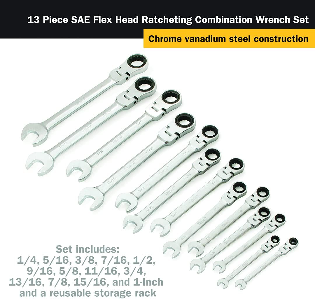 Titan 17366 13-Piece 12 Point 72 Tooth SAE Flex Head Ratcheting Combination Wrench Set