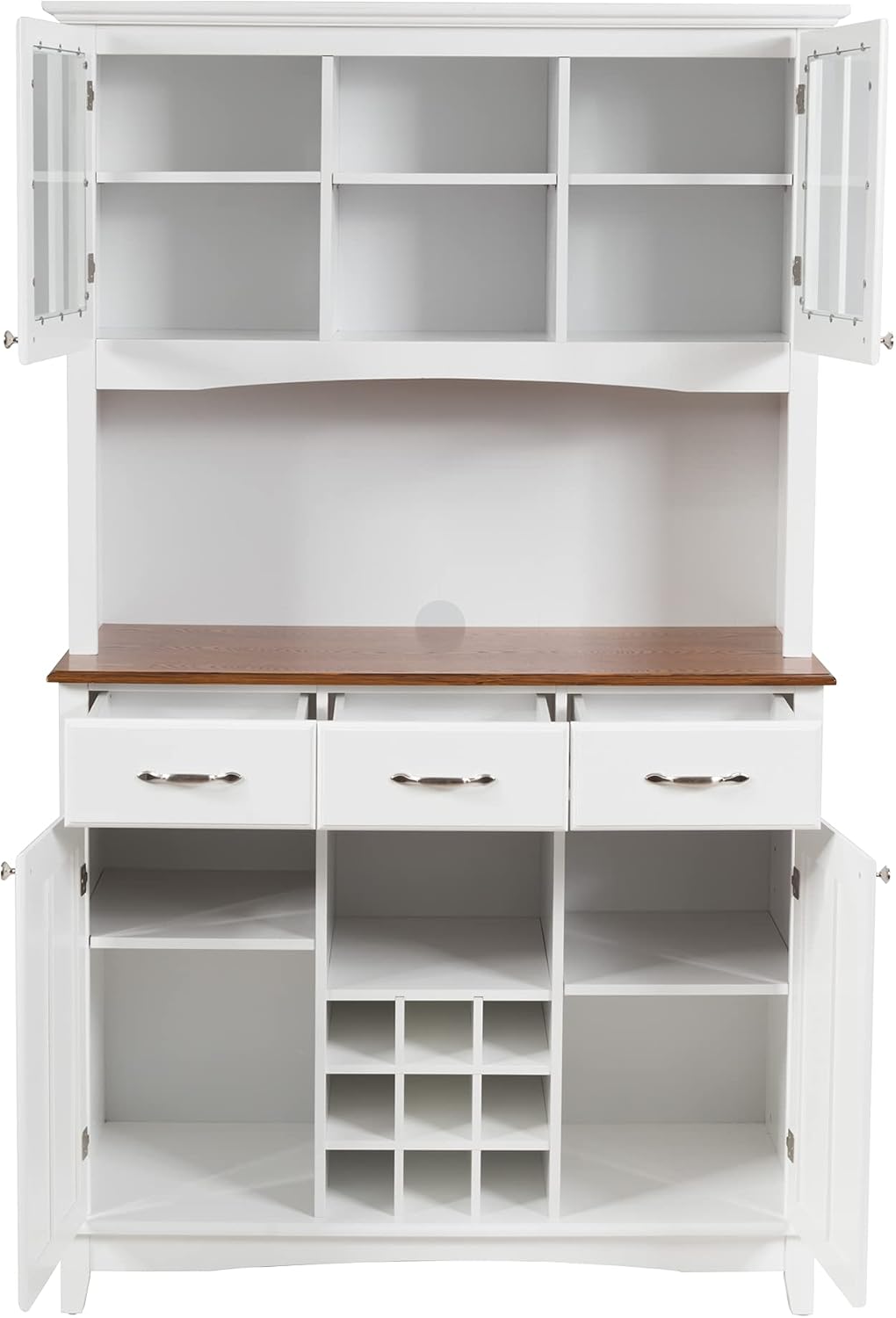 LOKO Kitchen Hutch Storage Cabinet, Sideboard Buffet Kitchen Cupboard with 4 Doors, 3 Drawers, 5 Adjustable Shelves and 9 Wine Grids, 44 x 17 x 72.5 inches (White)