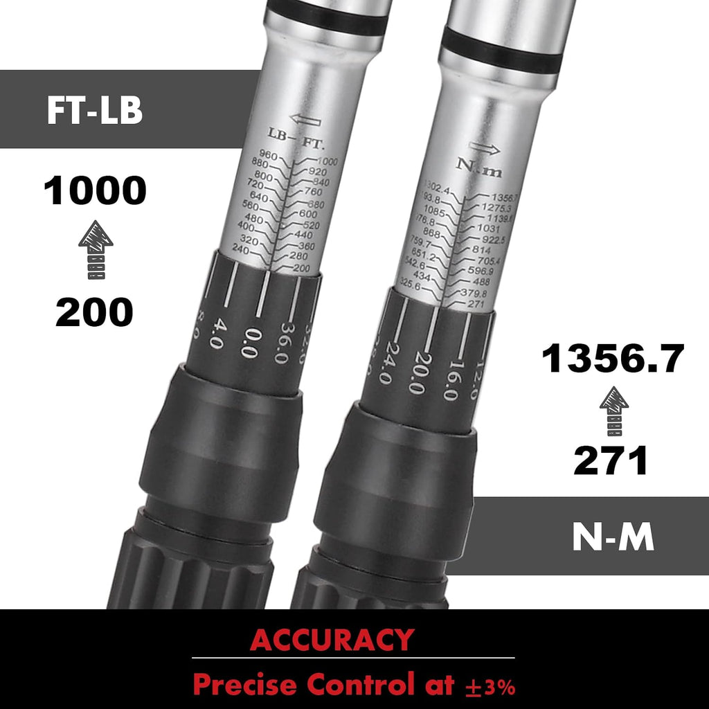 1-Inch Drive Click Torque Wrench, 200-1000ft.lb / 271-1356.7Nm Dual-Direction Adjustable Torque Wrench Set with Buckle
