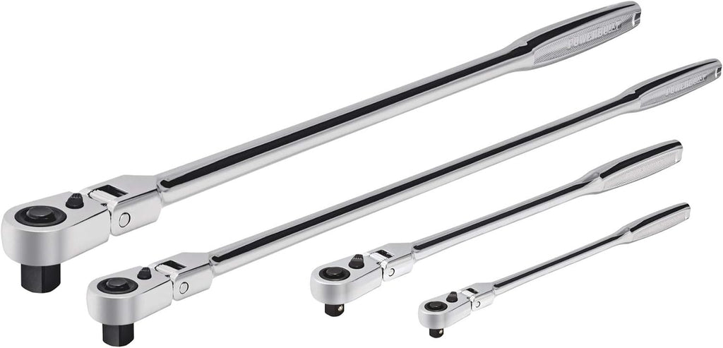 Powerbuilt 4 Piece Pro Tech Long Reach Flex Head Ratchet Set, 72-Tooth, 180° Flex Head, Contoured Grip Handles, 1/4' Dr. x 7', 3/8' Dr. x 9' & 17', 1/2' Dr. x 17' - 240238
