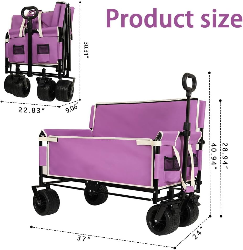 3-in-1 Convertible Folding Wagon Cart with Seat & Storage, 500lbs Heavy-Duty Utility Wagon, 180L Capacity, All-Terrain 360° Swivel Wheels for Camping, Beach, Sports, Garden (Purple)