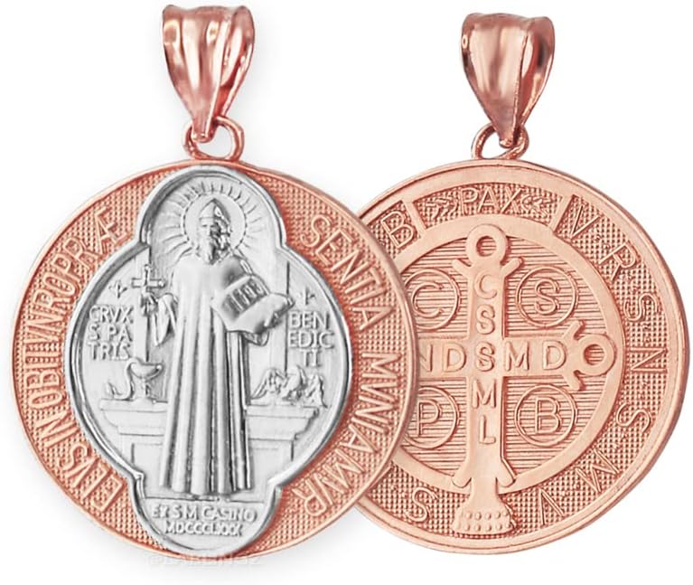 LA BLINGZ 14K Two-Tone Rose Gold Saint Benedict Medal Reversible Pendant Necklace