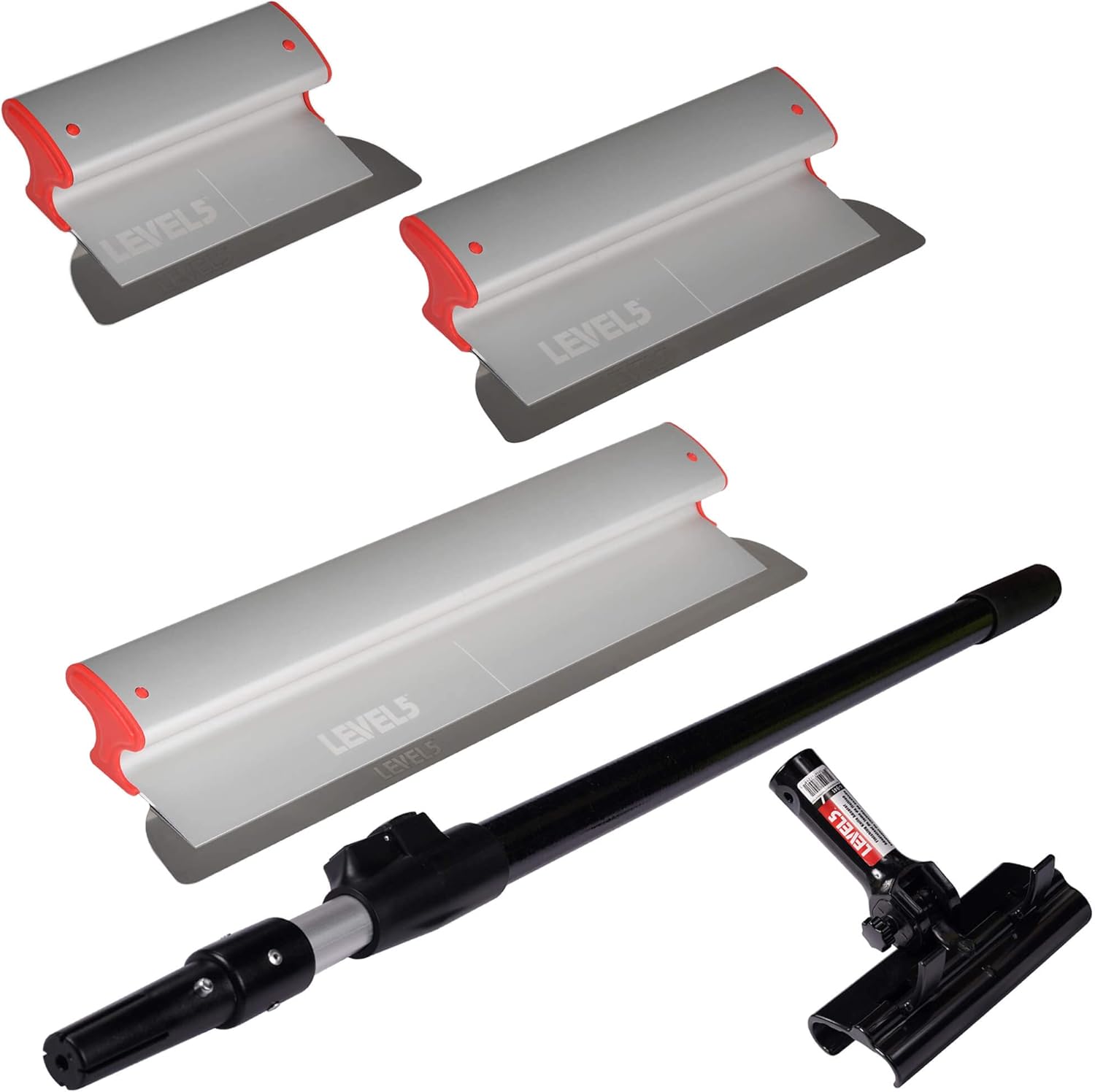LEVEL5 Drywall Skimming Blade Set | 10, 16 & 24 Inch Skimming Blades, 37-63 Inch Extension Handle | Aluminum Body & Stainless Steel Blade | For Smoothing Walls and Ceilings | 5-440