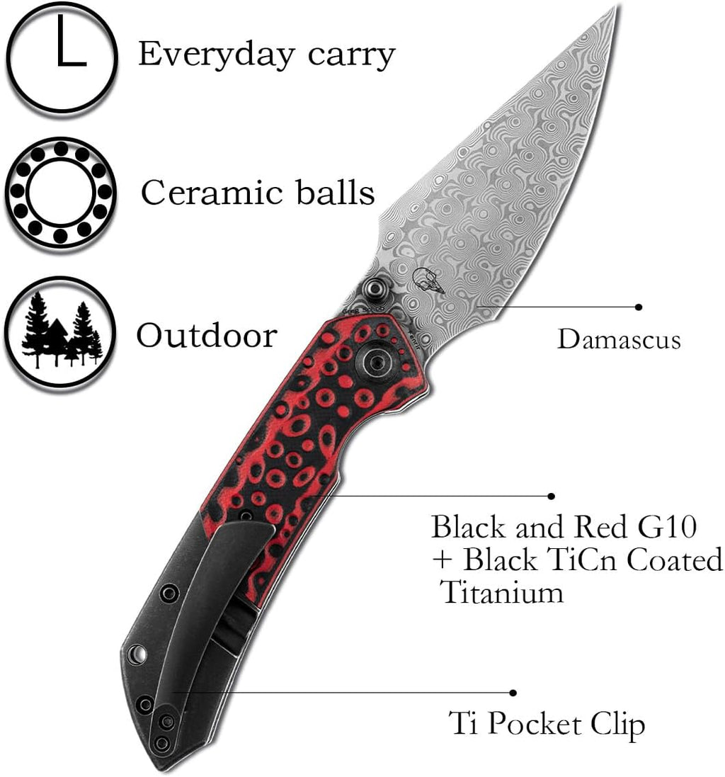 KANSEPT Fenrir Pocket Knife, 3.48' Damascus Harpoon Blade, Titanium Handle Black-Red Meteorite Crater G10 Inlay, Thumb Stud & Liner Lock with Deep Clip EDC Knives for Camping Hunting Survival K1034A2