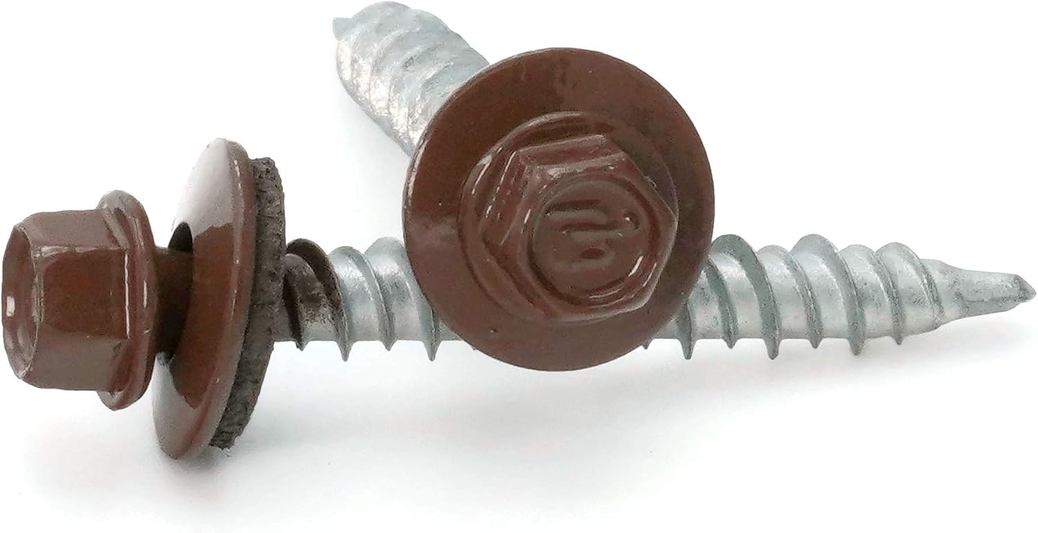Hex Washer Head Mechanical Galvanized Mini Driller Roofing Screws Brown Finish - #10 x 2' Qty 1000