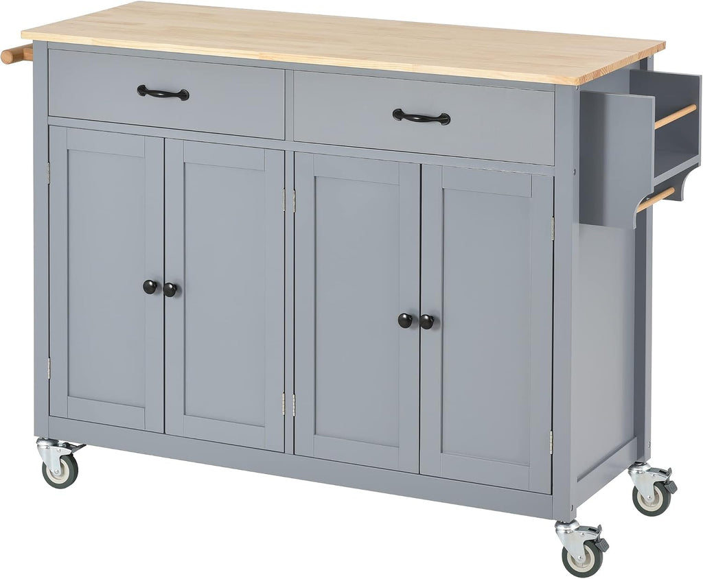 Merax 54.3' Width kitchen island with storage, Rolling Kitchen Storage Islands with 4 Door Cabinet & 2 Drawers, Kitchen Cart with Solid Wood Top, Lockable Wheels, Spice Rack, and Towel Rack, Grey Blue