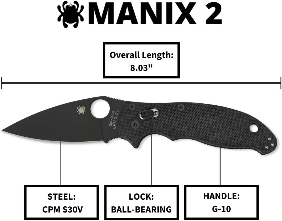 Spyderco Manix 2 Folding Pocket Knife with 3.3' CPM S30V Steel Blade and G-10 Handle - EDC Knife for Men and Women, Perfect for Hunting, Tactical, Camping, Survival, Hiking - PlainEdge - C101GPBBK2