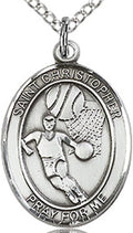 Heartland Store Sterling Silver Saint Christopher Basketball Oval Medal + 18 Inch Sterling Silver Chain & Clasp| USA Made