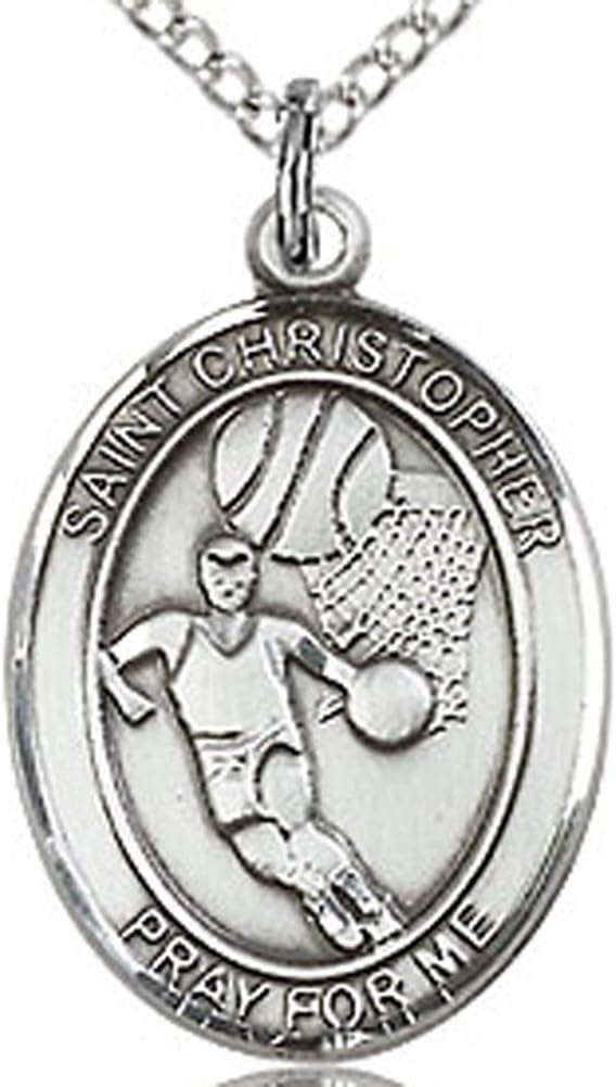 Heartland Store Sterling Silver Saint Christopher Basketball Oval Medal + 18 Inch Sterling Silver Chain & Clasp| USA Made