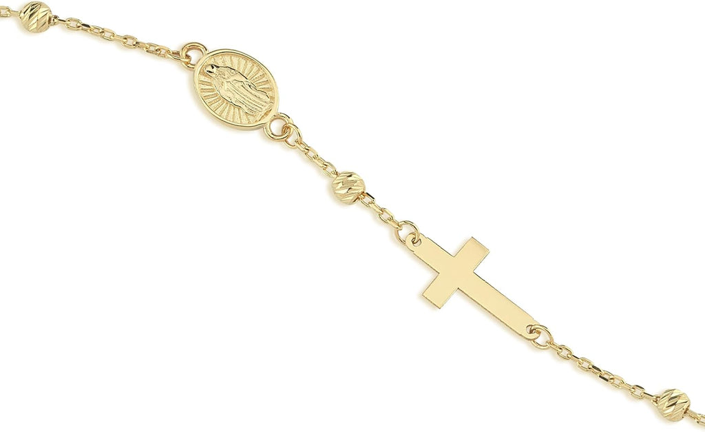 MIONZA 14K Solid Gold Rosary Sideways Cross Bracelet for Women, Adjustable Cross Bracelet, Religious Charm Catholic Jewelry, Christian Baptism Gift for Her