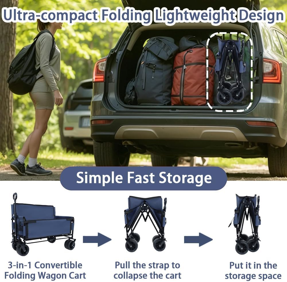 3-in-1 Convertible Folding Wagon Cart with Seat & Storage, 500lbs Heavy-Duty Utility Wagon, 180L Capacity, All-Terrain 360° Swivel Wheels for Camping, Beach, Sports, Garden (Dark Blue)