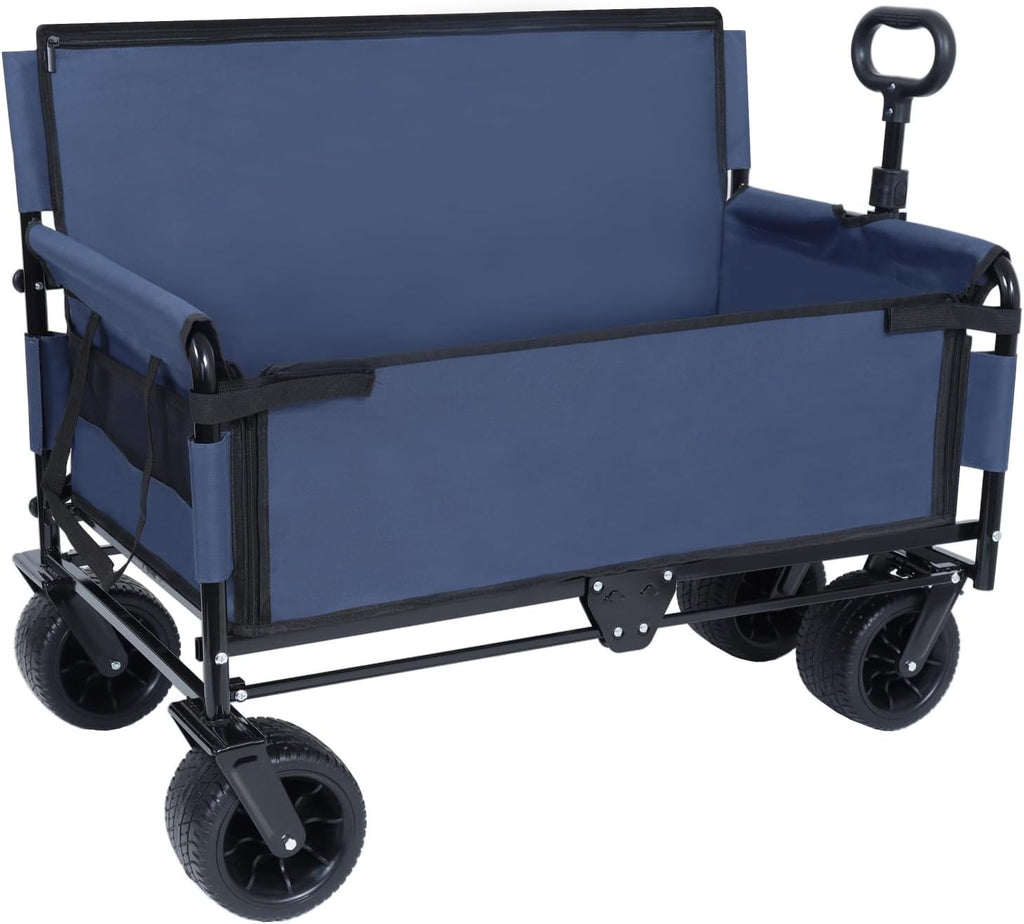 3-in-1 Convertible Folding Wagon Cart with Bench Seat & Storage 500lbs Heavy-Duty Utility Wagon, 180L Capacity All-Terrain Wheels for Camping, Beach, Sports, Garden, Dark Blue Multi-Functional