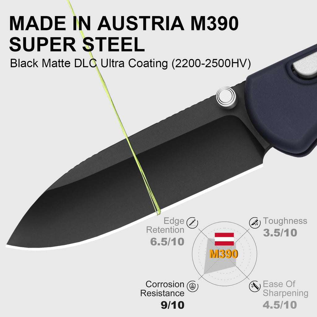 Kizer Drop Bear Zero Pocket Knife, 3.1' Drop Point M390 Blade Folding Knife with Dark Blue Aluminum Handle, Thumb Stud & Button Liner Lock EDC Knives for Camping Hunting Survival Ki3619BDA2