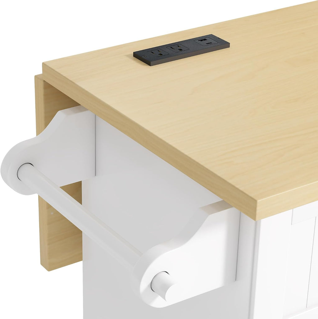 Bellemave Farmhouse Kitchen Island on Wheels with 11.8inch Drop Leaf, 2 Stools, Power Outlet,Kitchen Cart with Storage Cabinet, 2 Drawers, Door Shelves and Towel Rack(White)