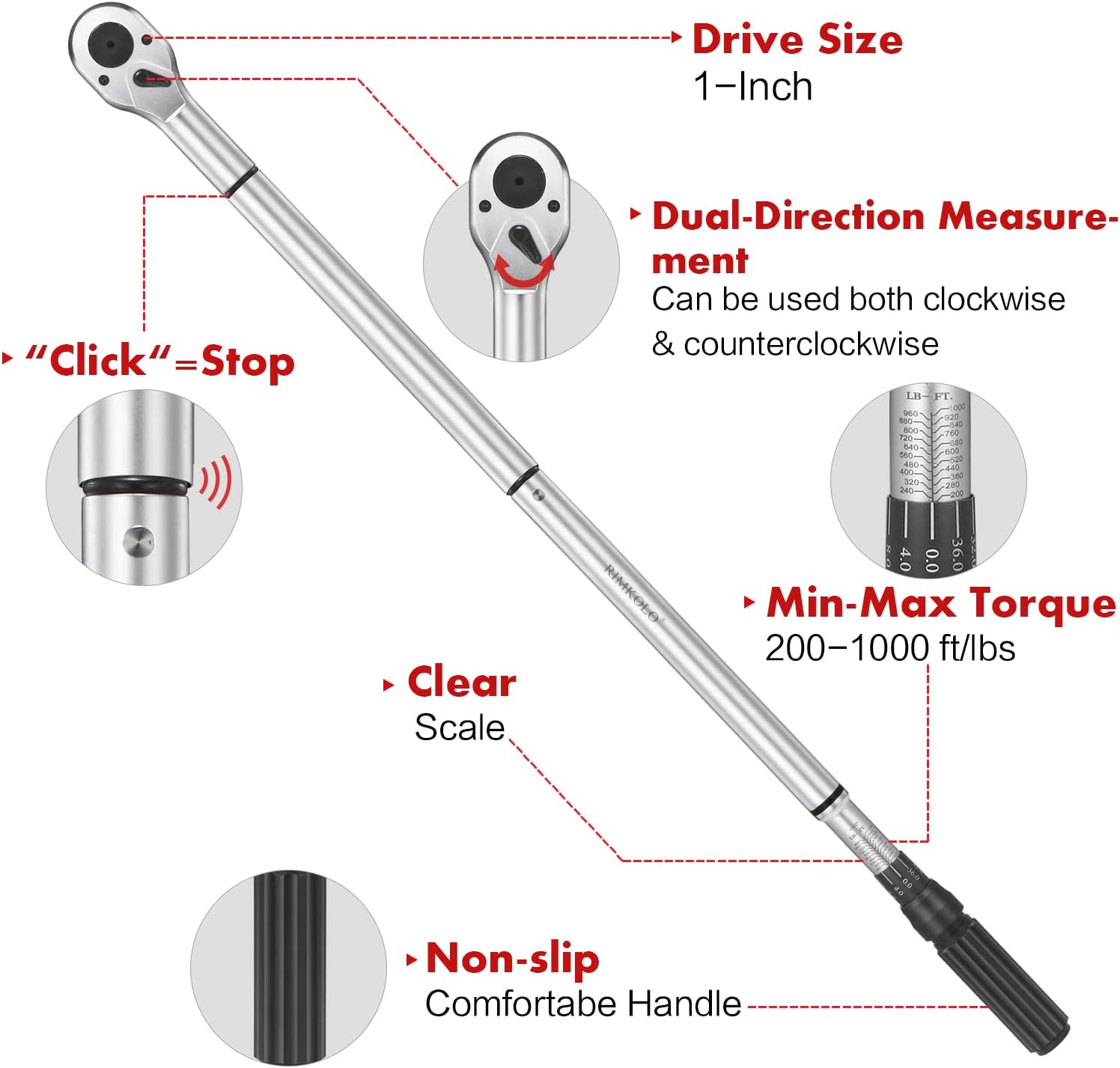 1-Inch Drive Click Torque Wrench, 200-1000ft.lb / 271-1356.7Nm Dual-Direction Adjustable Torque Wrench Set with Buckle