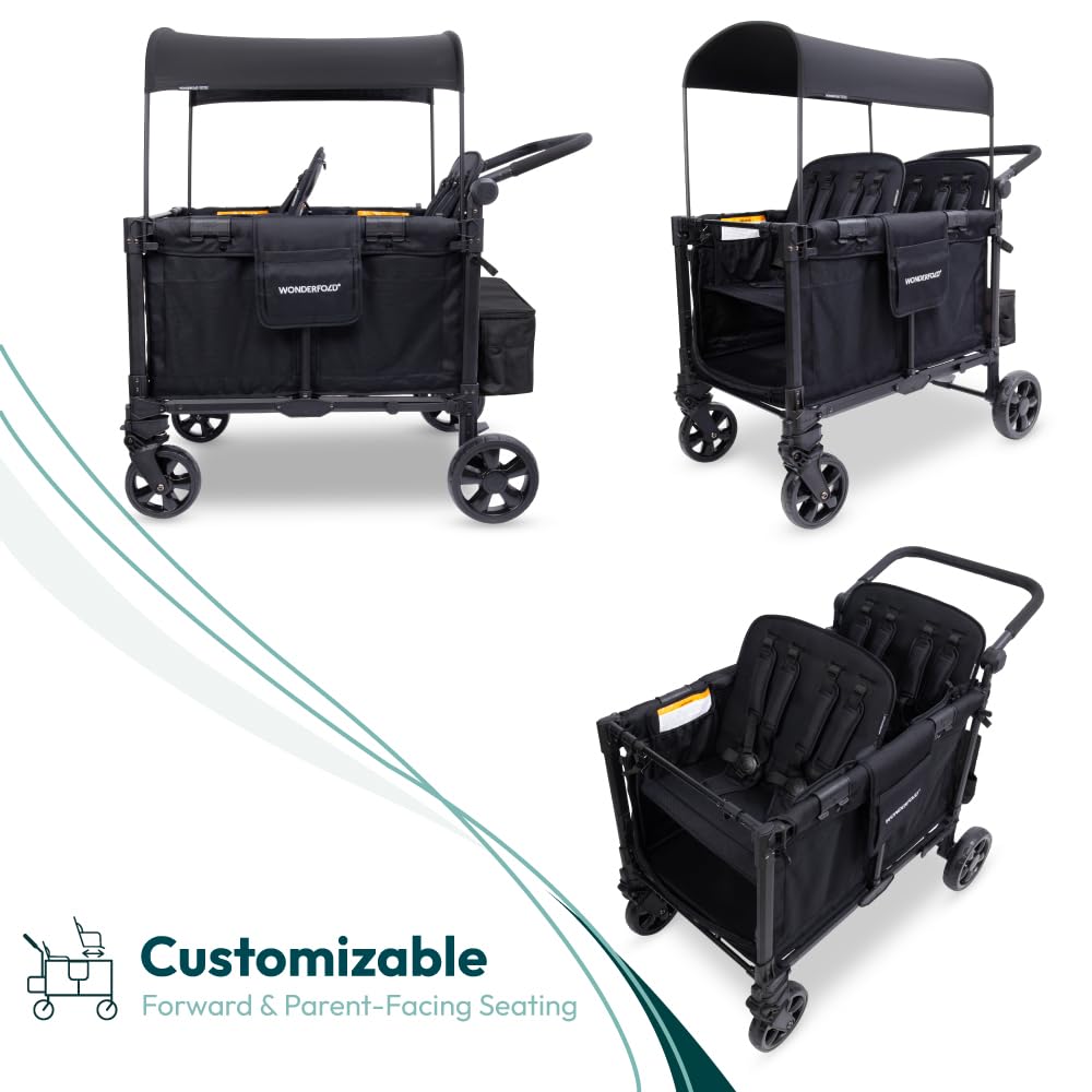 WonderFold W4 Elite Pro Stroller Wagon - Foldable Wagon with Aluminum Frame - Adjustable Canopy & Push Handle - All-Terrain Wheels - For Babies, Toddlers & Kids - 4 Seater - Jet Black