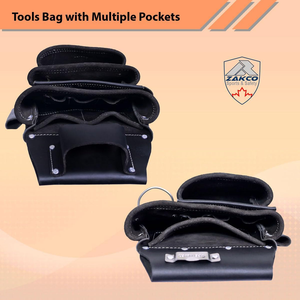 PRO-19 Genuine Grain Leather Multi Pockets Construction Tool Rig, Carpenter Tool Belt, 2 Leather Tool Pouches, Pro Style Tool Belt for Framers, Handyman, Drywall & Roofers (BLACK, Full Size)