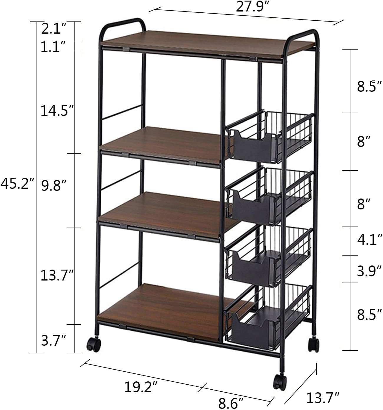 5-Tier Kitchen Bakers Rack Storage Shelf Hutch Holder on Wheels, Industrial Microwave Oven Stand, Standing Kitchen Utility Cart Storage Rack Organizer Rack Pantry with Storage Drawer Rustic