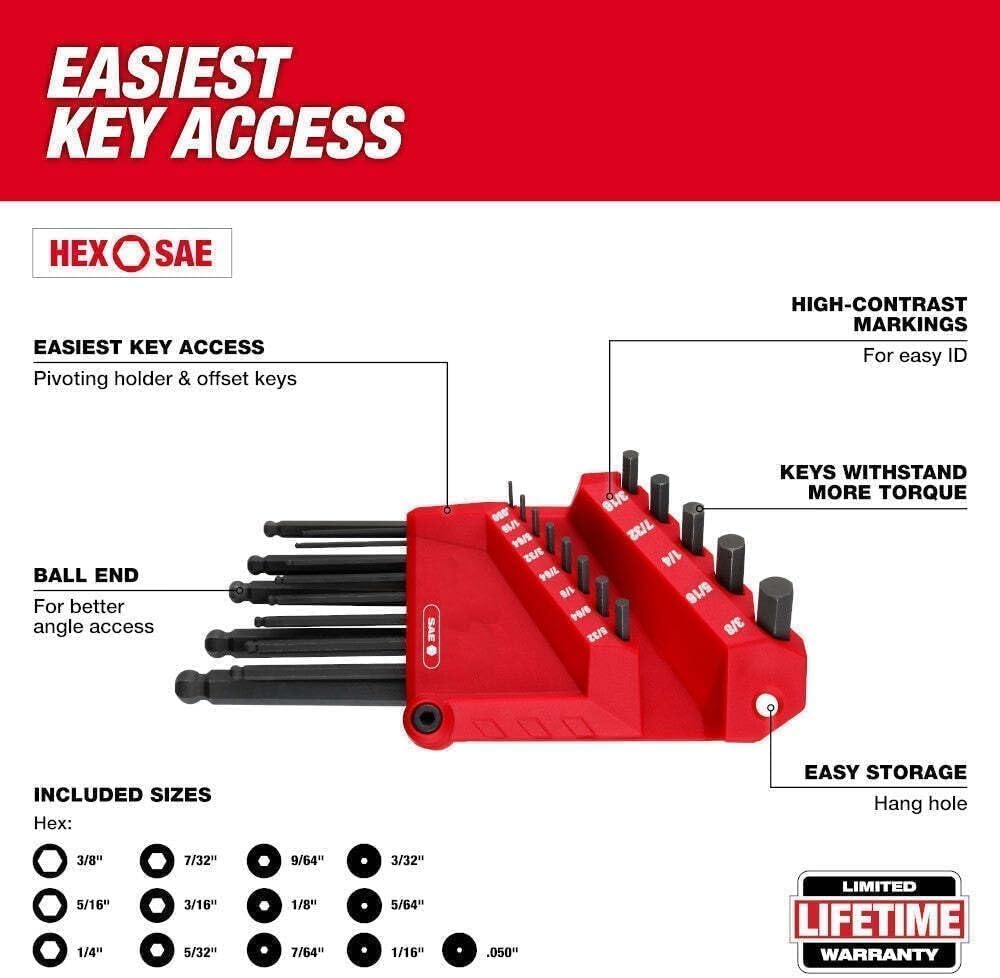 13-key SAE and a 9PC Metric L-Style Hex Key Compatible with Milwaukee 48-22-2187 22-Key Ball End L-Key Set - SAE/Metric
