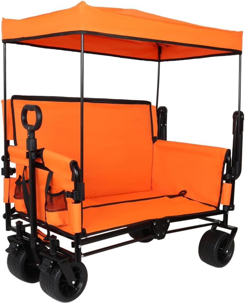 Heavy-Duty Folding Wagon Cart with Canopy, Bench Seat & Storage Compartment for Outdoor Activities, Beach Trips, Camping, Sports Events and Garden Use (Orange + Steel)
