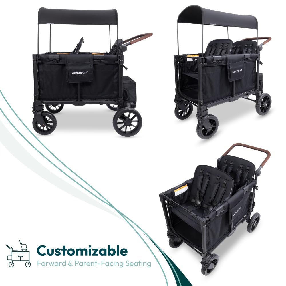 WonderFold W4 Luxe Pro Stroller Wagon - Collapsible Stroller Wagon with Aluminum Frame - Adjustable Canopy & Push Handle - XL All-Terrain Wheels - For Babies, Toddlers & Kids - 4 Seater - Black
