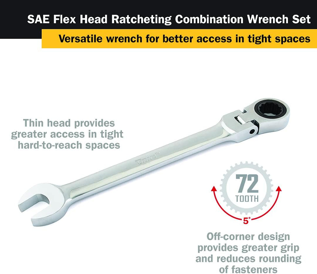 Titan 17366 13-Piece 12 Point 72 Tooth SAE Flex Head Ratcheting Combination Wrench Set