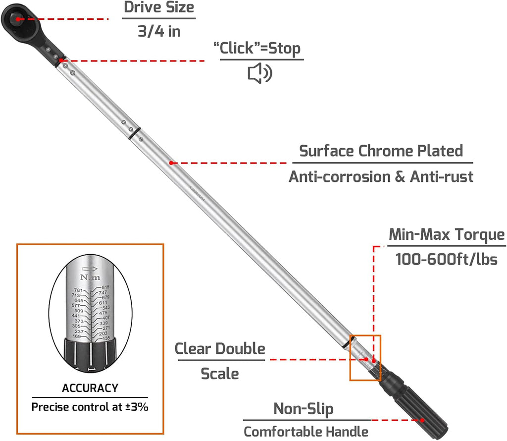 3/4-Inch Drive Click Torque Wrench (100-600ft.lb / 135-815Nm) Dual-Direction Adjustable Torque Wrench Set