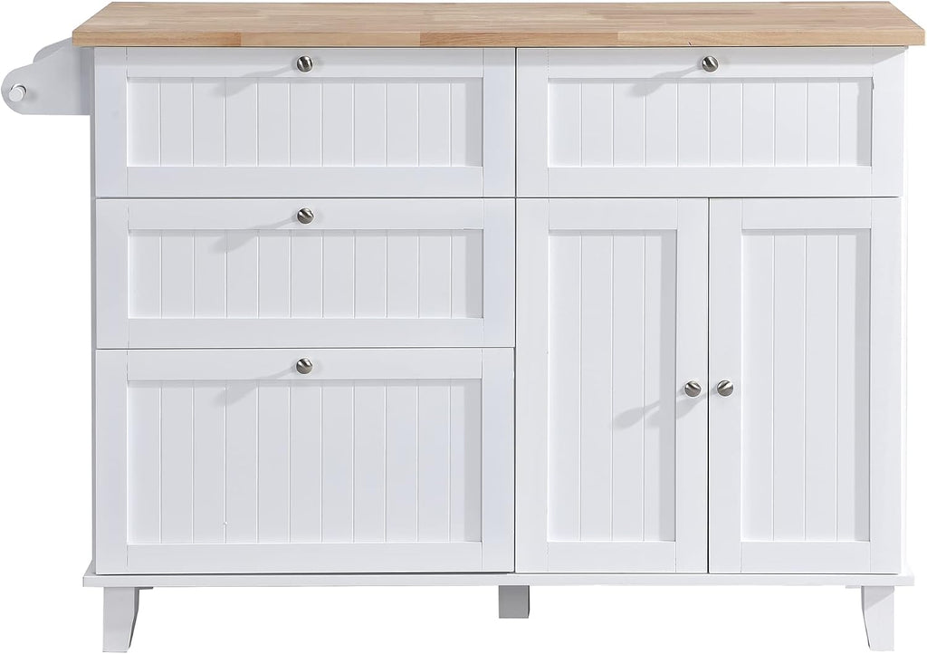 Bellemave Kitchen Island Set with 2 Stools and Drop Leaf 3 Piece Island Table Set Kitchen Bar Table Set with Seating, Storage Cabinet, Drawers and Towel Rack (White+Rustic Brown)