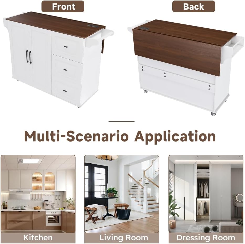 Space-Saving Drop-Leaf Kitchen Island Cart – Foldable Tabletop, 3 Drawers & Adjustable Shelves | Mobile Breakfast Bar with Locking Casters – Works as Baker's Rack, Microwave Stand or Workstation