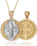 LA BLINGZ 10K Two-Tone Yellow Gold Saint Benedict Medal Reversible Pendant Necklace