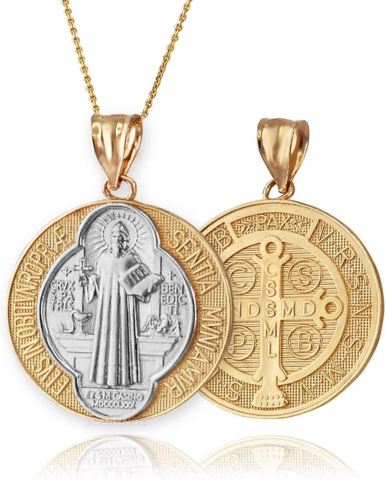 LA BLINGZ 10K Two-Tone Yellow Gold Saint Benedict Medal Reversible Pendant Necklace