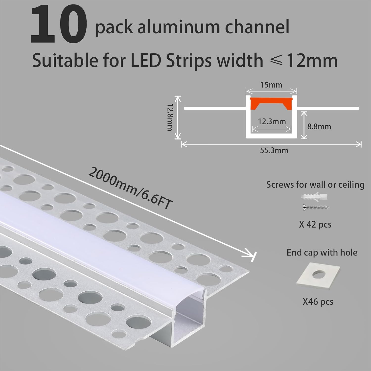 10 Pack Plaster-in LED Channel 6.6FT/2M Recessed Drywall Aluminum Strip Lighting Track with White Diffuser for Light Tape Mounting Profile