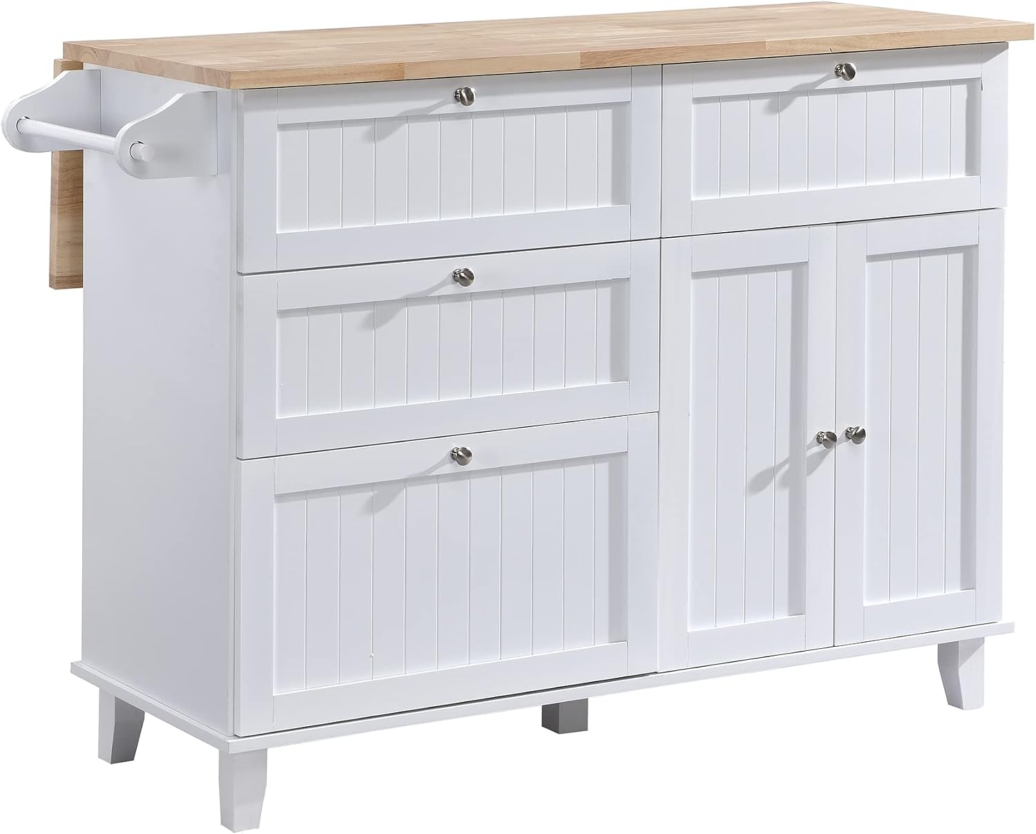 Bellemave Kitchen Island Set with 2 Stools and Drop Leaf 3 Piece Island Table Set Kitchen Bar Table Set with Seating, Storage Cabinet, Drawers and Towel Rack (White+Rustic Brown)