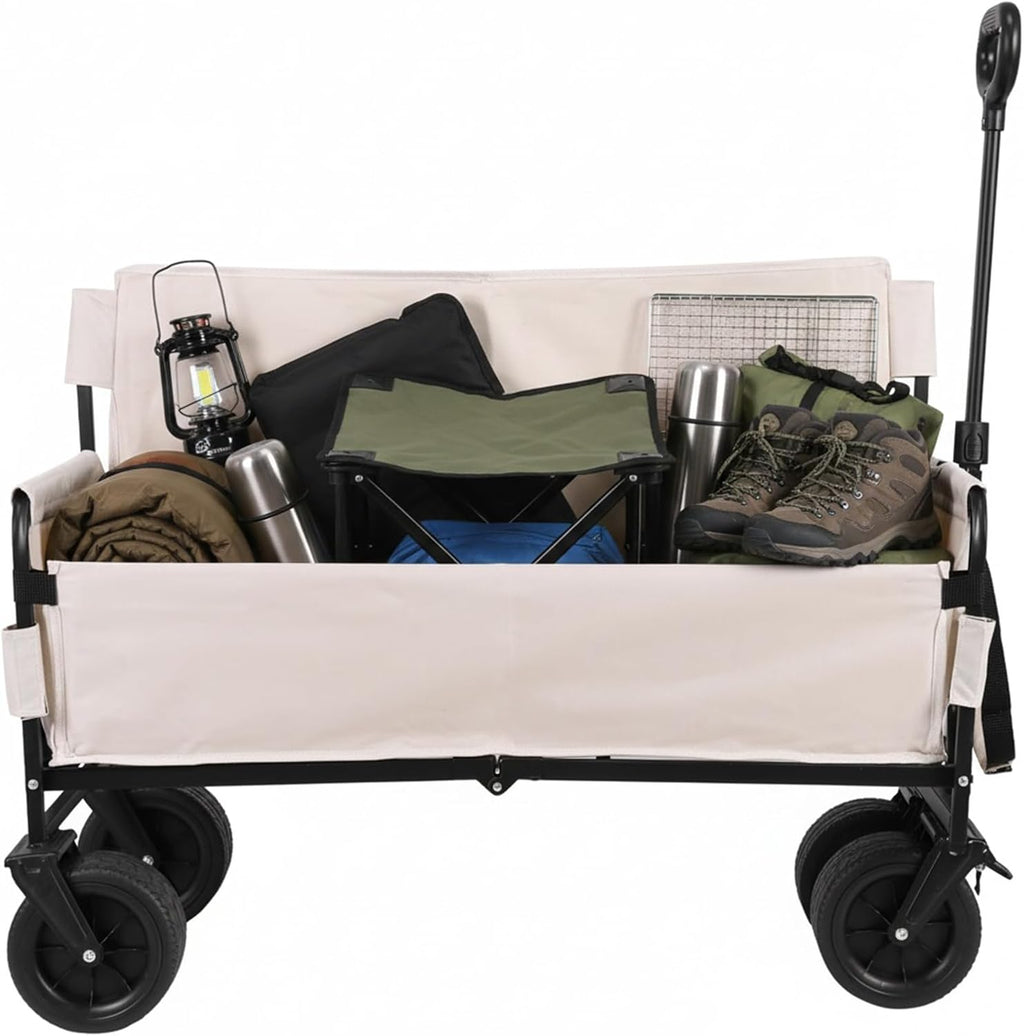 Heavy Duty Wagon Cart Foldable with Big Wheels Heavy Duty Collapsible Utility Wagon for Groceries Garden Sport (Beige)