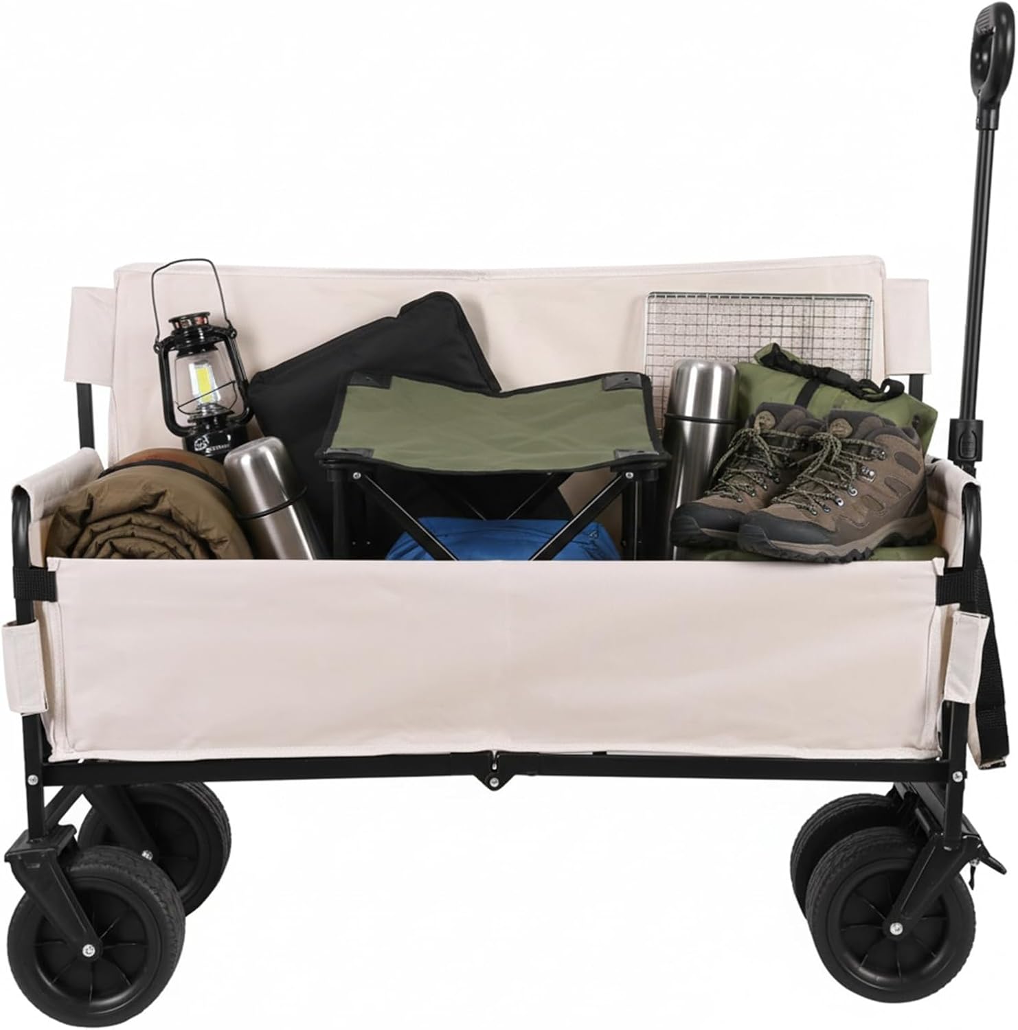 Heavy Duty Wagon Cart Foldable with Big Wheels Heavy Duty Collapsible Utility Wagon for Groceries Garden Sport (Beige)