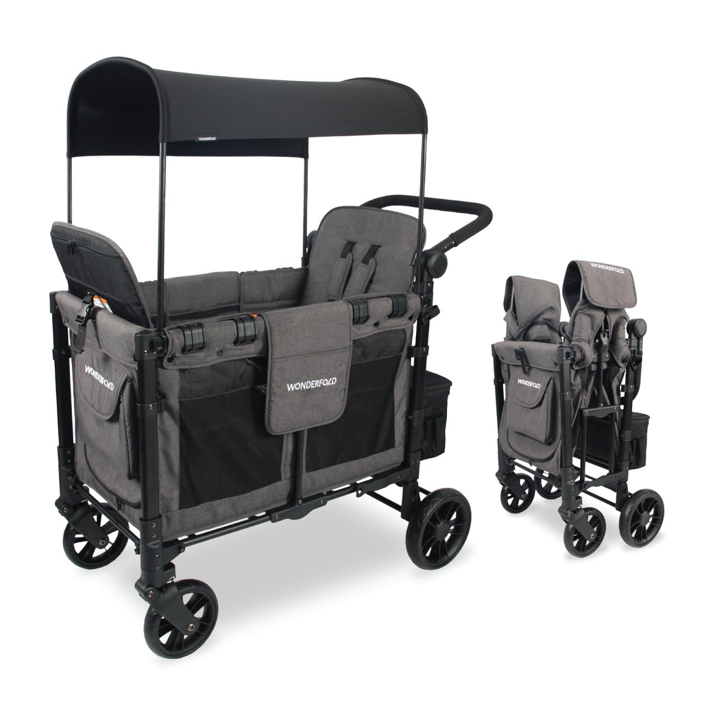 WonderFold W2 Elite Stroller Wagon - Foldable Wagon with Steel Frame - Adjustable Canopy & Push Handle - All-Terrain Wheels - for Babies, Toddlers & Kids - 2 Seater - Gray