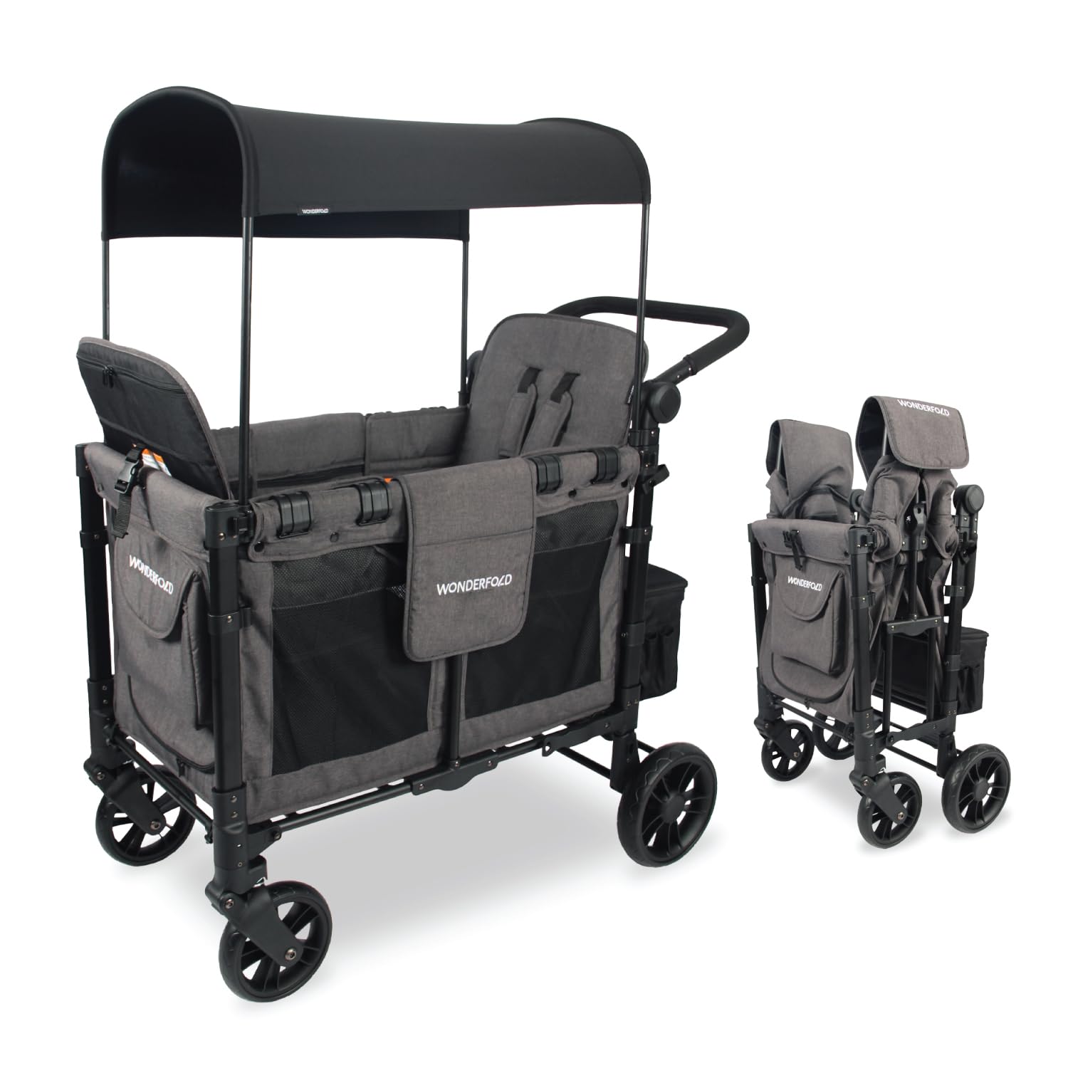 WonderFold W2 Elite Stroller Wagon - Foldable Wagon with Steel Frame - Adjustable Canopy & Push Handle - All-Terrain Wheels - for Babies, Toddlers & Kids - 2 Seater - Gray