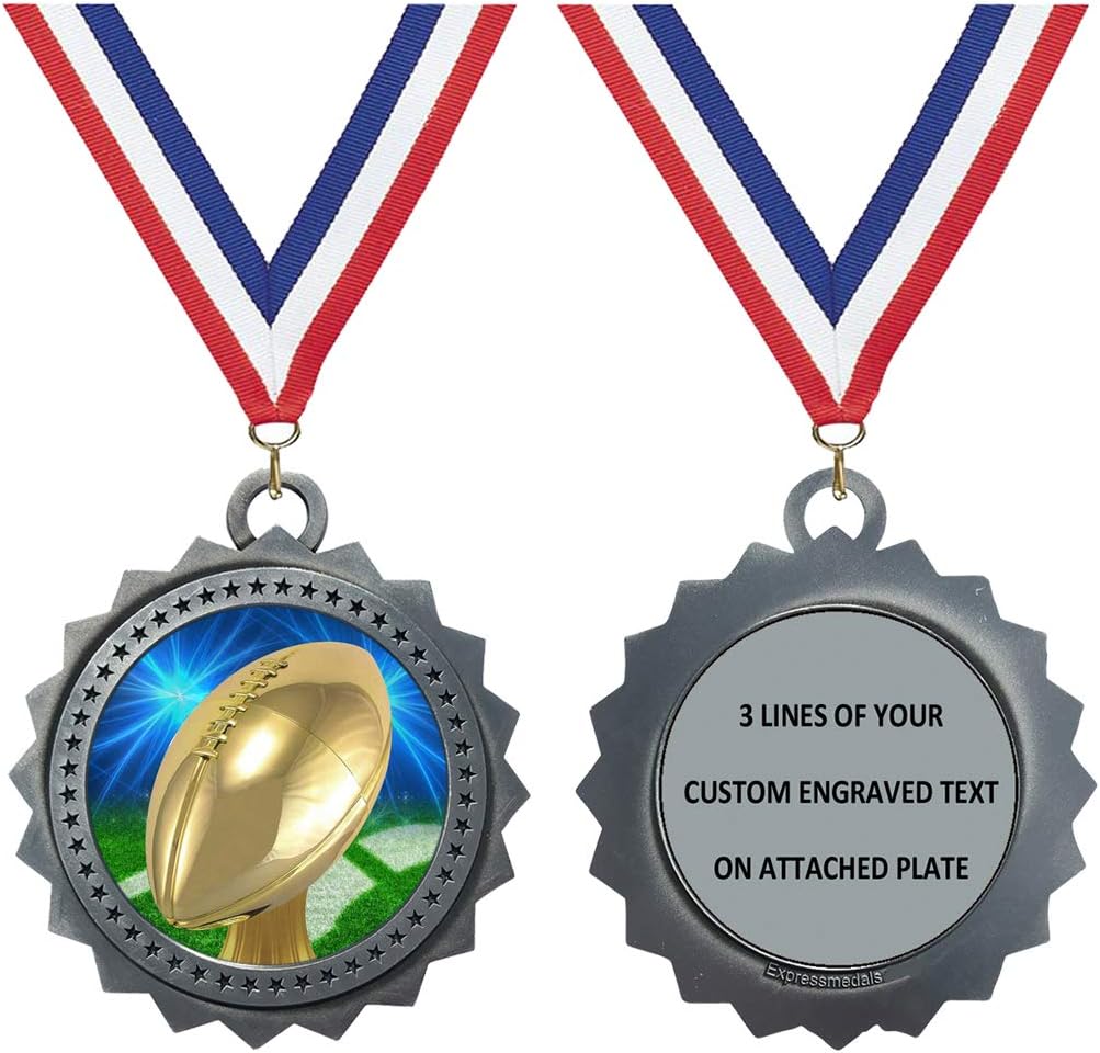 Express Medals 1 to 50 Packs Engraved Personalized Silver Football Medals Trophy Award with Neck Ribbon Medal Trophies Award Tournament Prize Gift Custom