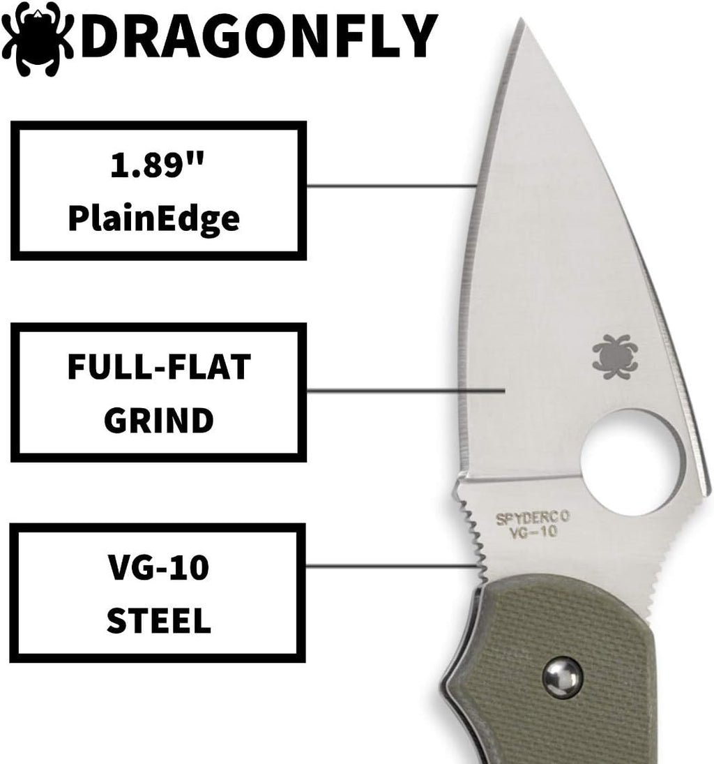 Spyderco Dragonfly Folding Pocket Knife with 2.2' VG-10 Steel Blade and G-10 Handle - EDC Knife for Men and Women, Perfect for Hunting, Tactical, Camping, Survival, Hiking - PlainEdge - C28GPFG