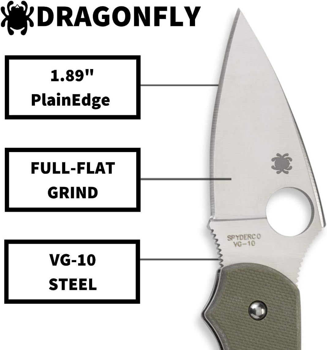 Spyderco Dragonfly Folding Pocket Knife with 2.2' VG-10 Steel Blade and G-10 Handle - EDC Knife for Men and Women, Perfect for Hunting, Tactical, Camping, Survival, Hiking - PlainEdge - C28GPFG