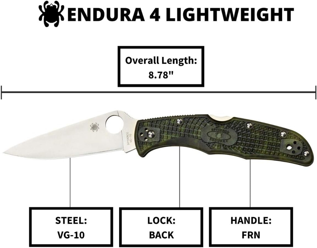 Spyderco Endura 4 Lightweight Folding Pocket Knife with 3.8' VG-10 Steel Blade and FRN Handle - EDC Knife for Men and Women, Perfect for Hunting, Tactical, Camping, Survival - PlainEdge - C10ZFPGR