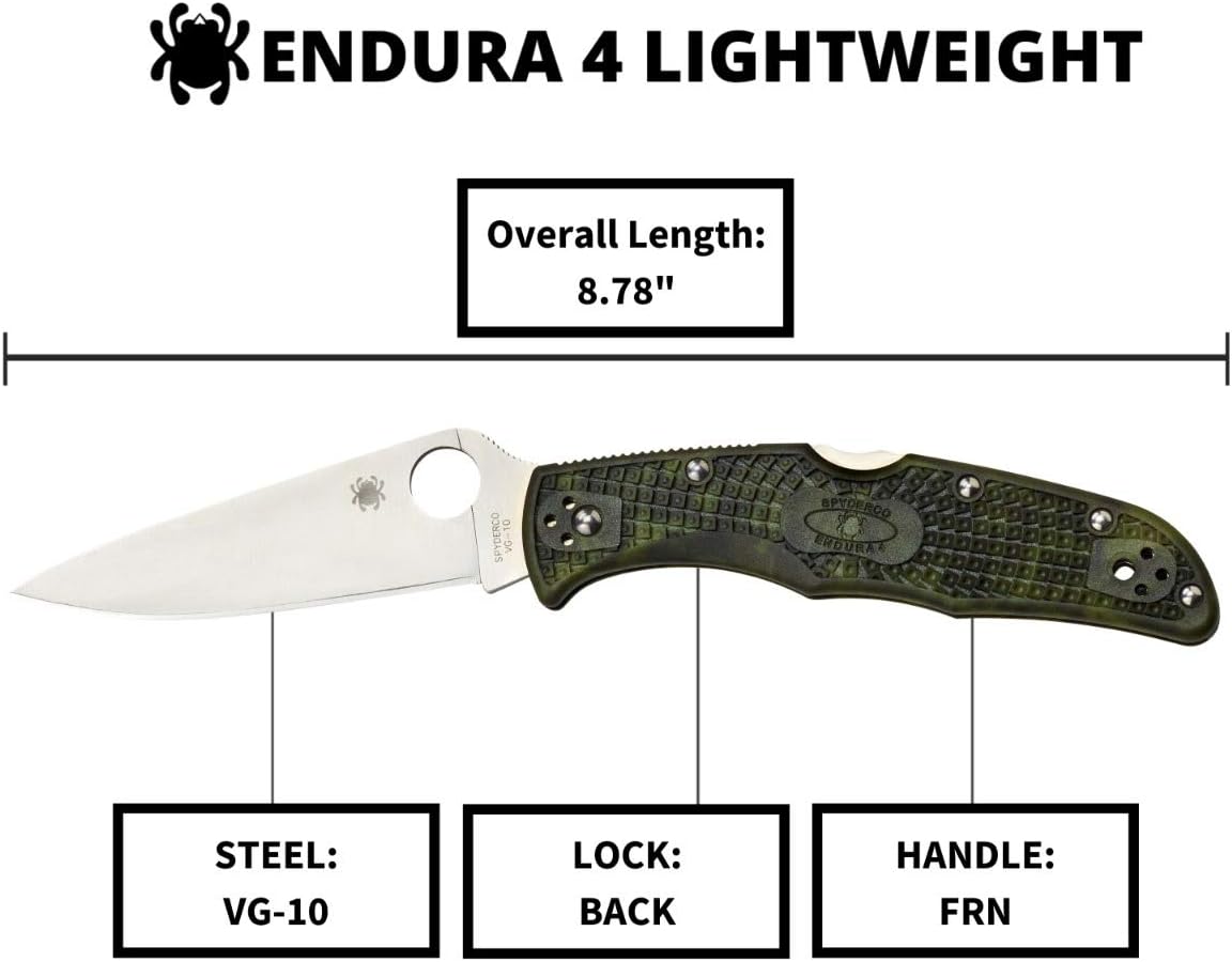Spyderco Endura 4 Lightweight Folding Pocket Knife with 3.8' VG-10 Steel Blade and FRN Handle - EDC Knife for Men and Women, Perfect for Hunting, Tactical, Camping, Survival - PlainEdge - C10ZFPGR