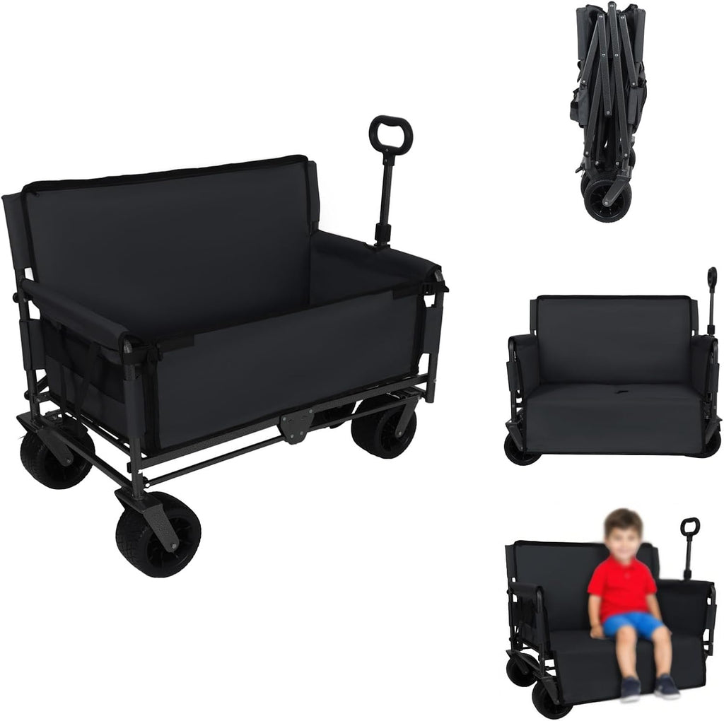 3-in-1 Folding Wagon Cart with Bench Seat & Storage, 500 Lbs Heavy-Duty Utility Lounge Wagon, All-Terrain Wheels for Camping, Beach, Sports, Garden (Black)