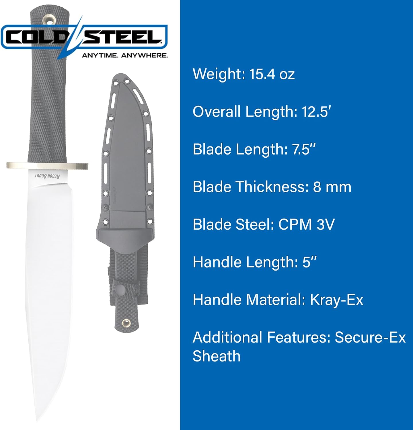 Cold Steel Recon Scout 7.5' CPM 3V Razor-Sharp Clip Point Blade 5' Kray-Ex Handle Tactical Fixed Blade Knife w/Secure-Ex Sheath