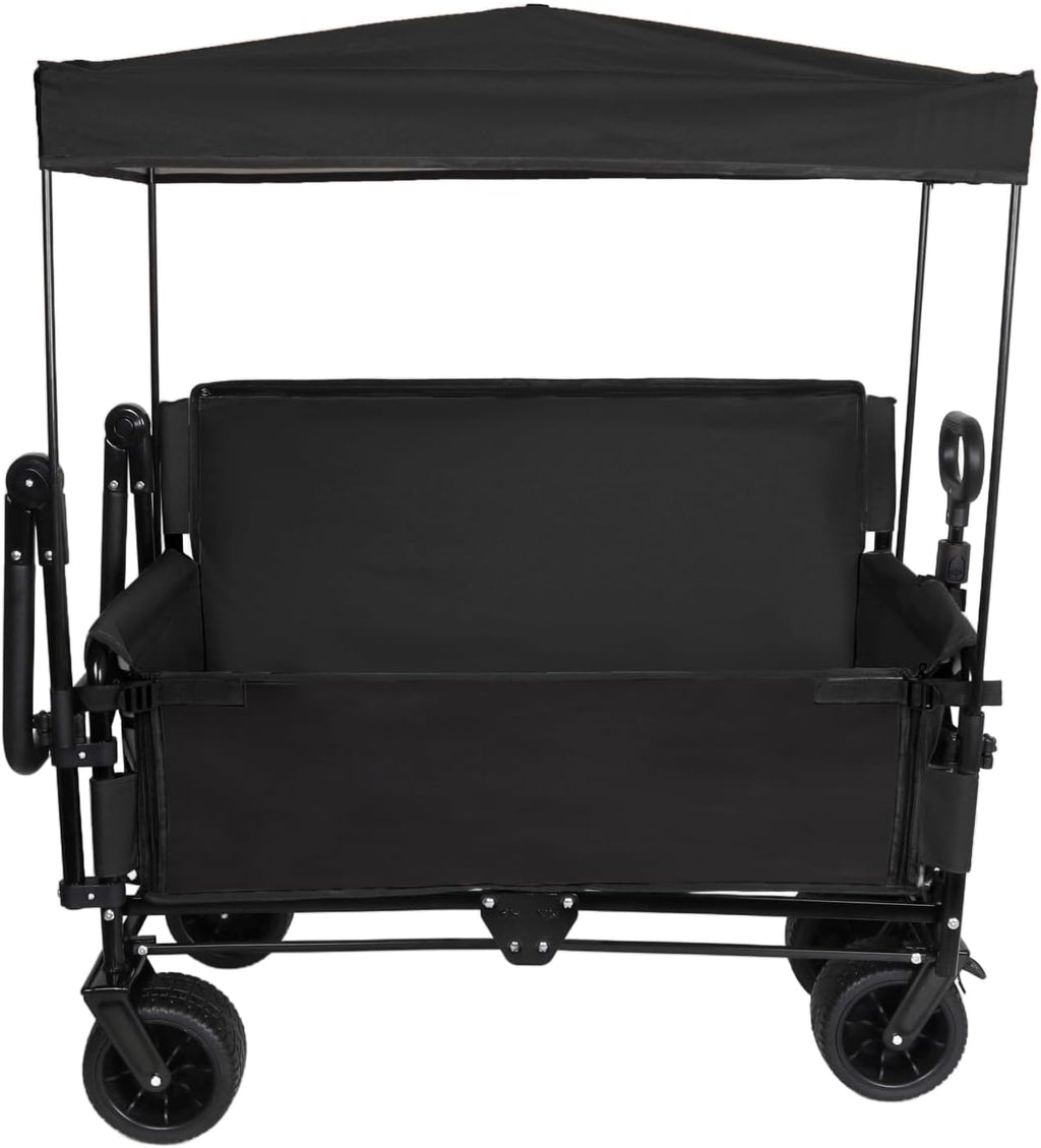 3-in-1 Folding Wagon Cart with Bench Seat, Canopy & Storage - 500lbs Heavy-Duty, 180L Capacity, All-Terrain for Camping, Beach, Sports & Garden, Black