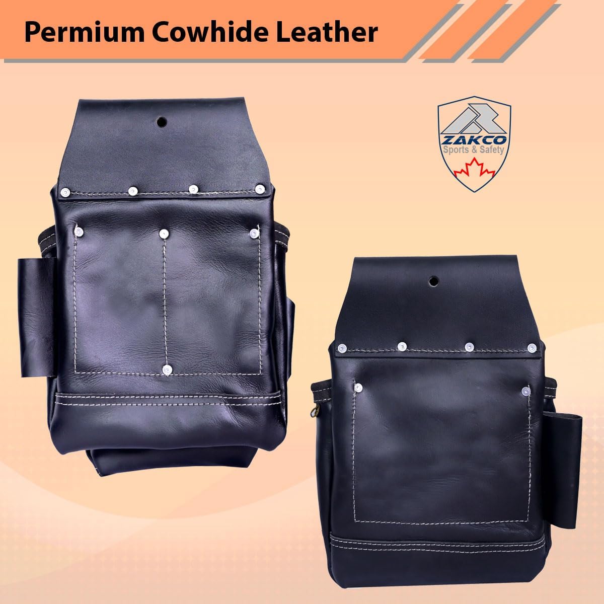 PRO-19 Genuine Grain Leather Multi Pockets Construction Tool Rig, Carpenter Tool Belt, 2 Leather Tool Pouches, Pro Style Tool Belt for Framers, Handyman, Drywall & Roofers (BLACK, Full Size)